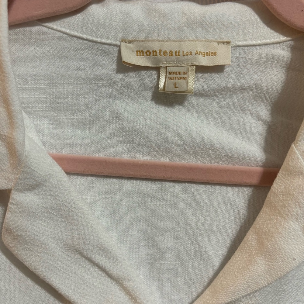 Monteau Los Angeles Cream Linen Blend Button-Up Crop Top Large Ruched - Picture 9 of 9